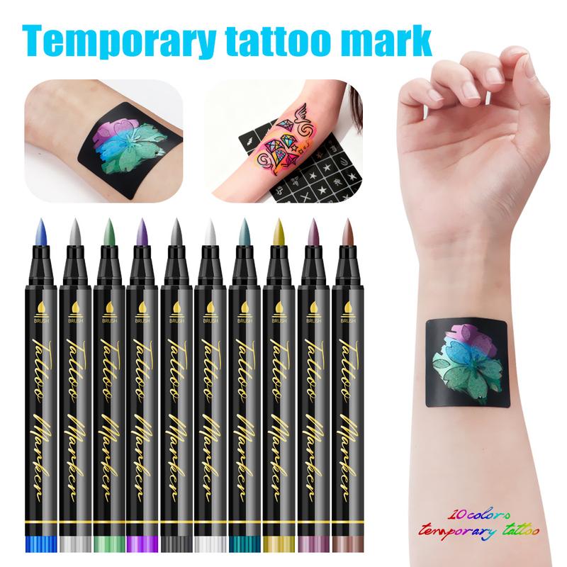 10PCS Temporary Tattoo Markers  for Skin Body Markers 10 Colors Tattoo Pens 5 Stencils Waterproof Sweatproof Long-lasting Face Paint Kit Cosmetic Quality Easy To Remove Perfect for Parties Festive Gifts Halloween Makeup Christmas Gifts