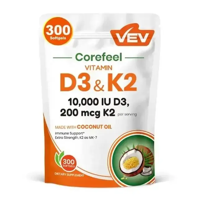 VEV Corefeel Vitamin D3 K2 10000 IU, 300 Virgin Coconut Oil Softgels, 2 in 1 Vitamins Supplement D & K, Dietary Supplemental Pack, gift, Summervibes, NSF Certified