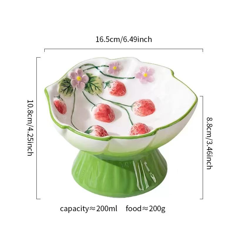 Ceramic Strawberry Slow Feed Bowl, High Feet Design, Anti-Gag and Anti-Spill, Neck Support for Cats and Kittens, Pet Feeding Solution