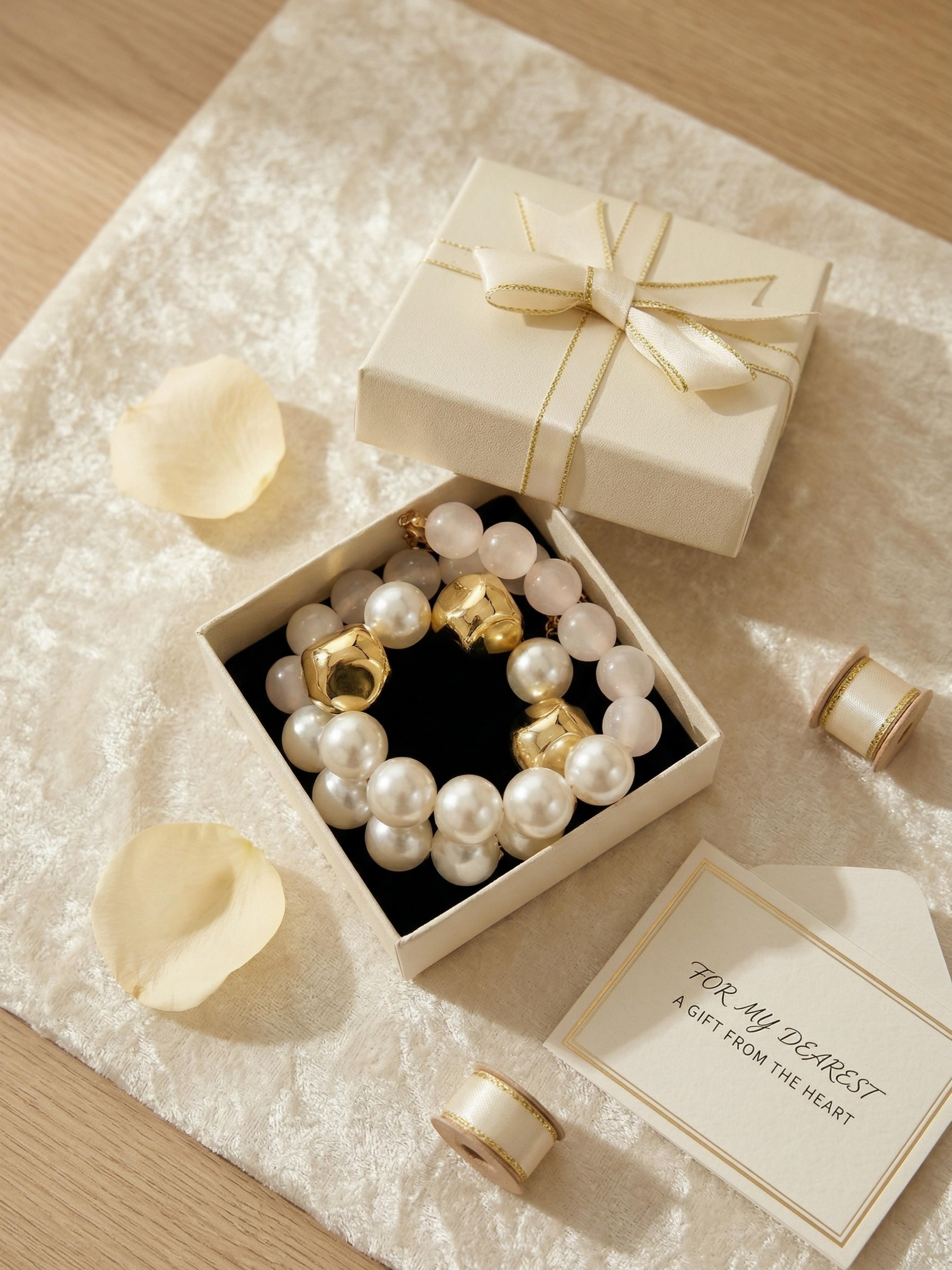 French Vintage Imitation Pearl Necklace, Hammered Gold Bead Accent, Elegant Women's Jewelry, Gift Box Included, All Seasons Wear