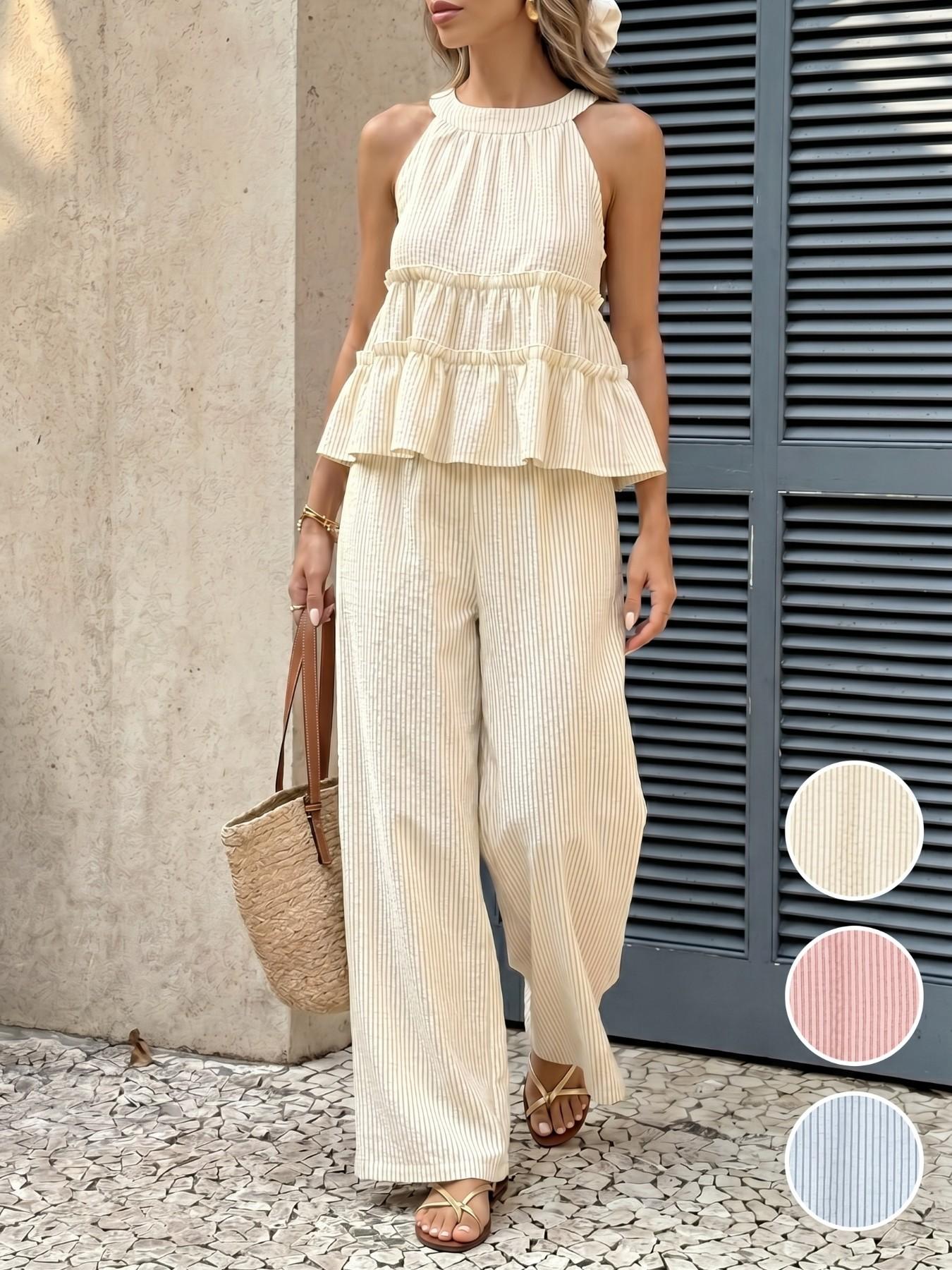 Women's 2 Piece Set | Sleeveless Halter Neck Ruffle Top & High Waist Wide Leg Pants | Casual Feminine Summer Beach Vacation Outfit