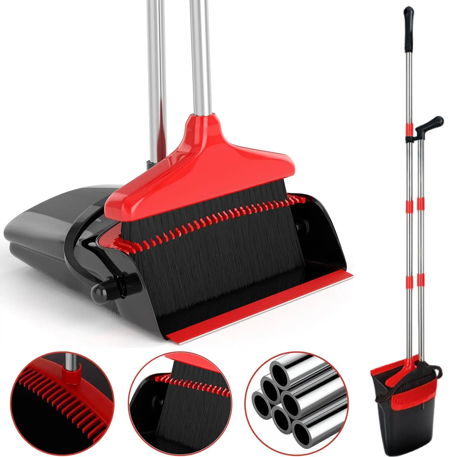 Upgrade Broom and Dustpan Set, Broom with Dustpan Combo Set, Large Size and with Long Handle, Upright,Ideal for Indoor Outdoor Garage Kitchen Room Office Lobby Use (Black&Red)