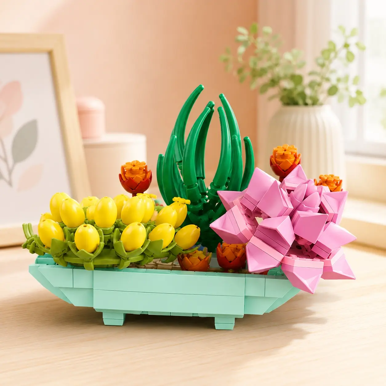 4 PC Micro Building Blocks Succulent Collection, Building Block Flowers, Floral Display Style, Four Decorative Plant Designs with Vivid Colors and Mini Pieces, Relaxing DIY Toy for Home Office Shelf Decor, Christmas Gift, Collectible Model