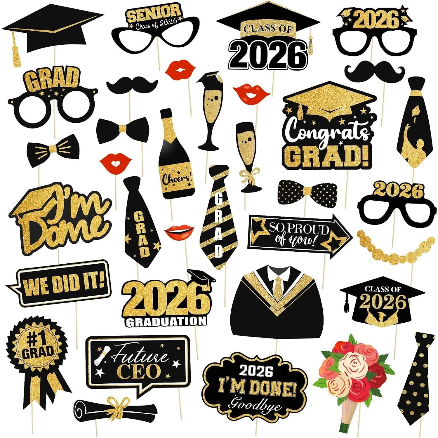 2026 Graduation Photo Booth Props - 35 Pcs Graduation Photo Props Set, Class of 2026 Grad Decor for All Ages of Graduates, Black and Gold Photo Props for Graduation Party Decorations Supplies Favors