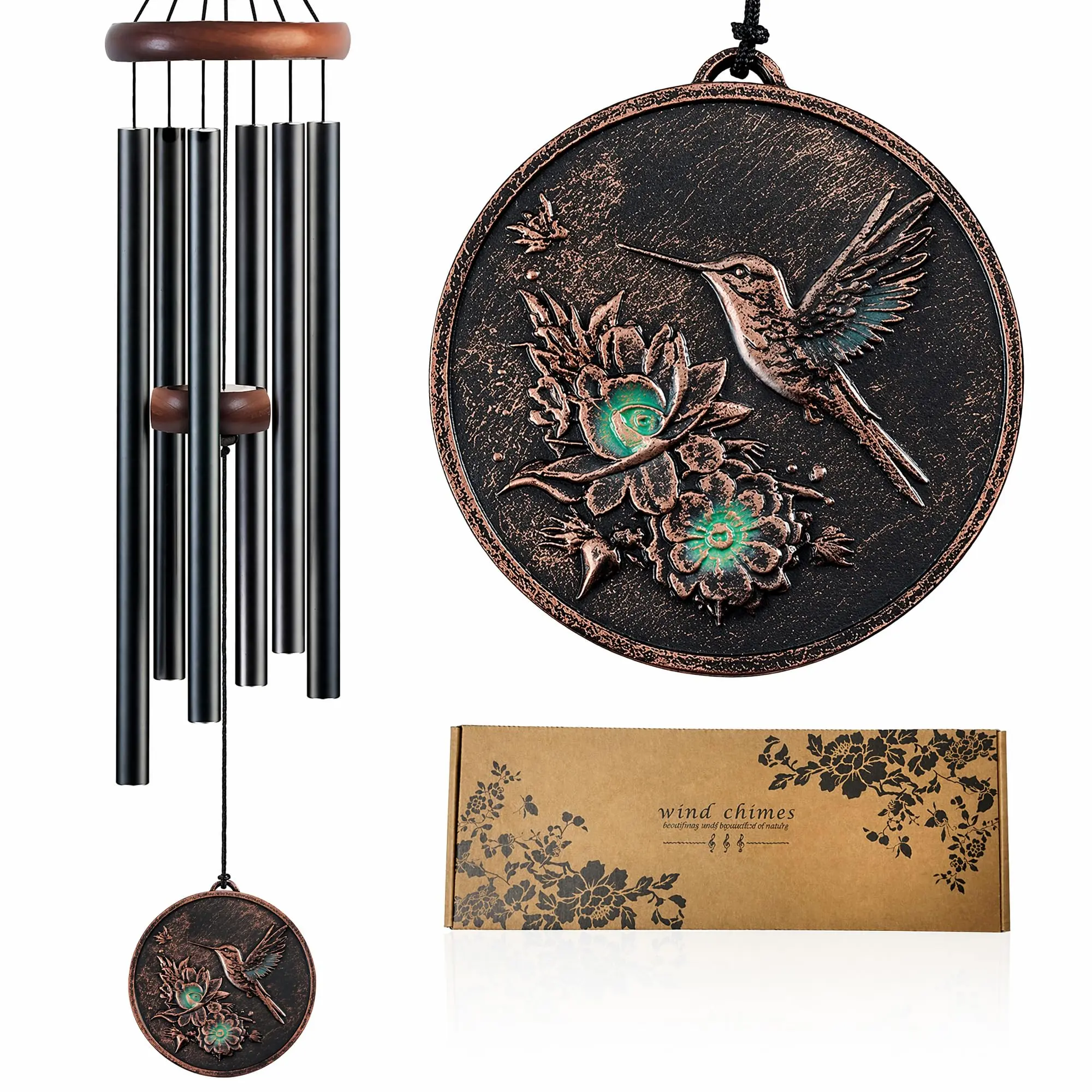 32 Inch Large Deep Tone Outdoor Wind Chimes, Vintage Aluminum Chime with Hummingbird & Tree of Life Pendants, Mute Switch, Memorial Gift