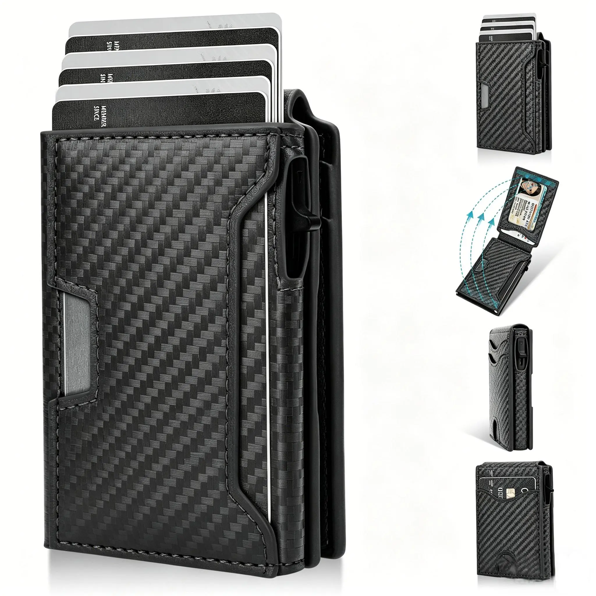Mens Smart Wallet with RFID Blocking 9-13 Card Bifold Carbon Fiber Pop Up Case Minimalist Slim Leather Wallet for Men with Money Clip and ID Window