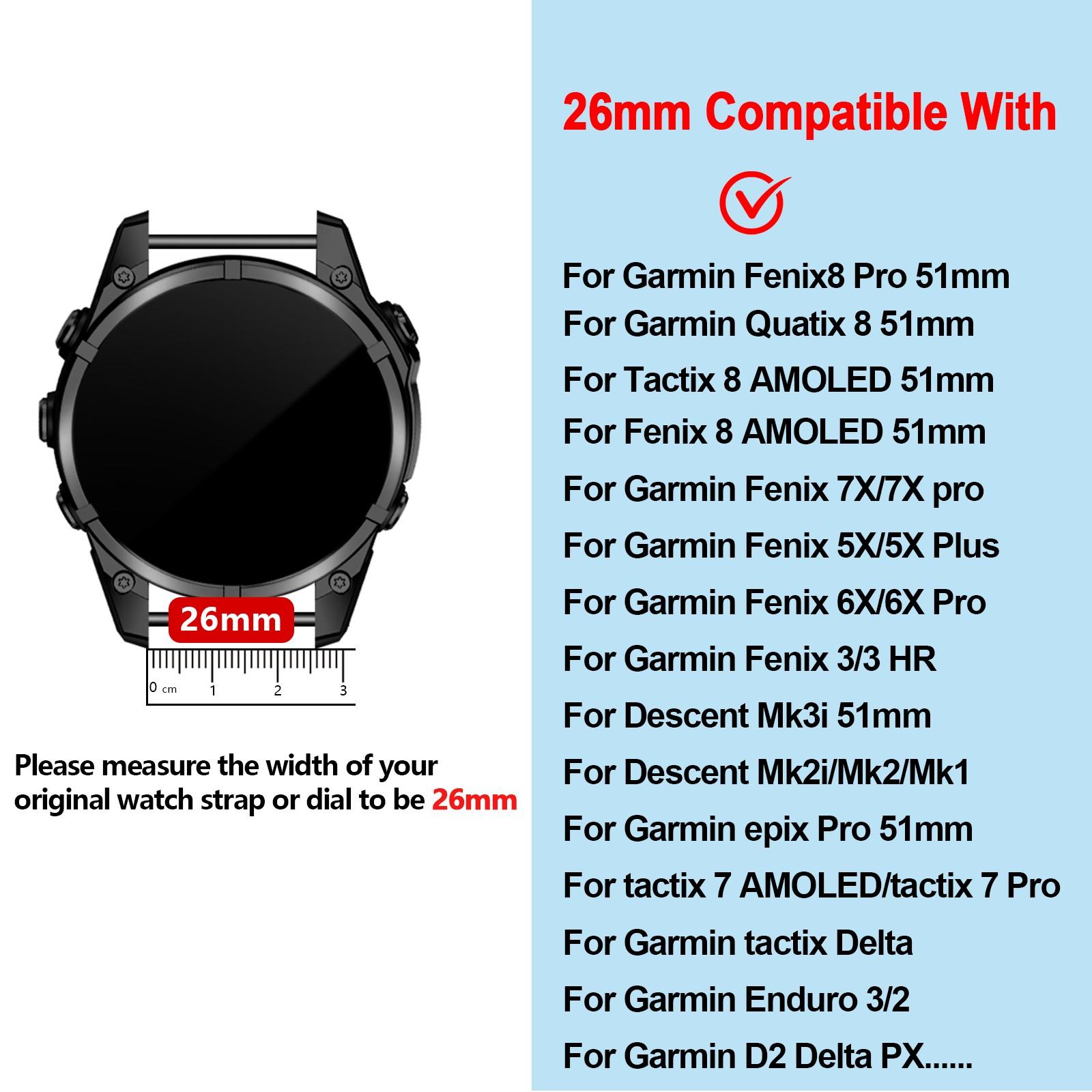 22/26mm quick installation strap, compatible Garmin tactix 8 47/51mm/Descent G2/Mk3i 51mm/Fenix 8 51/47mm/7X/7Pro/6X/6pro/5X/5plus， Soft silicone sports strap compatible with quatix 5/6/7/Epix Pro 51mm/Tactix7 AMOLED/Enduro3 2/Forerunner 955 965