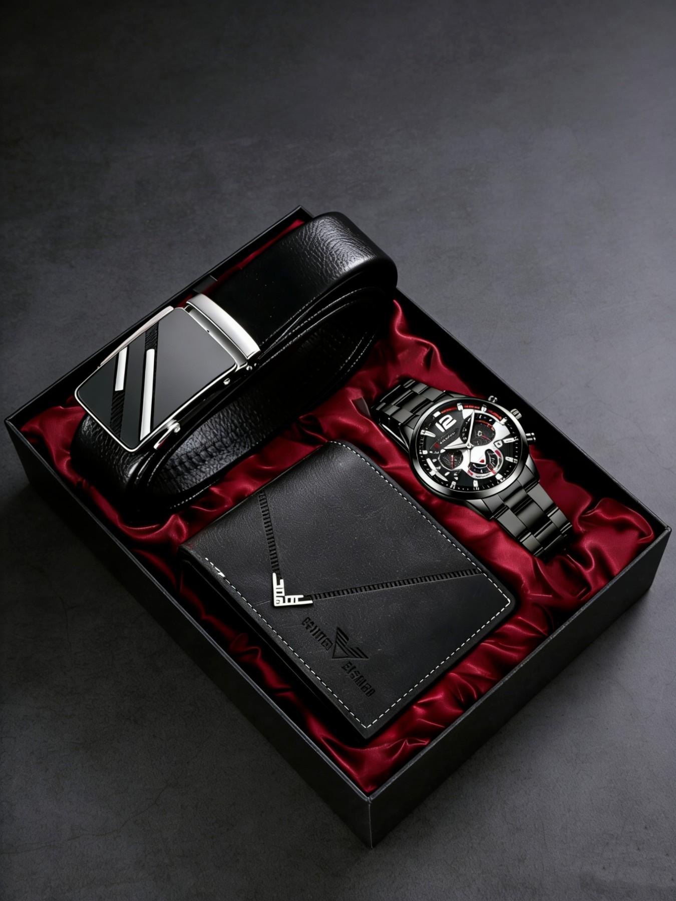 Men's Fashion Quartz Watch Set with Wallet and Belt, Accessories Set, High-End Gift Box Included, Perfect for Business Casual Daily Wear