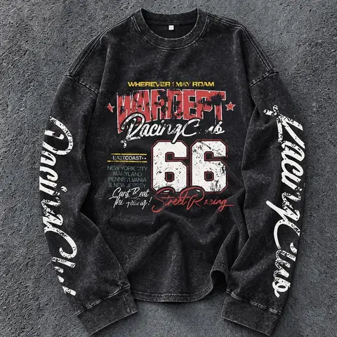 Men's 100% Cotton Washed Vintage Streetwear Round Neck Long Sleeve T-Shirt, Wardept Racing Club 66 Street Race Print, Loose Fit, Casual Spring Fall Top