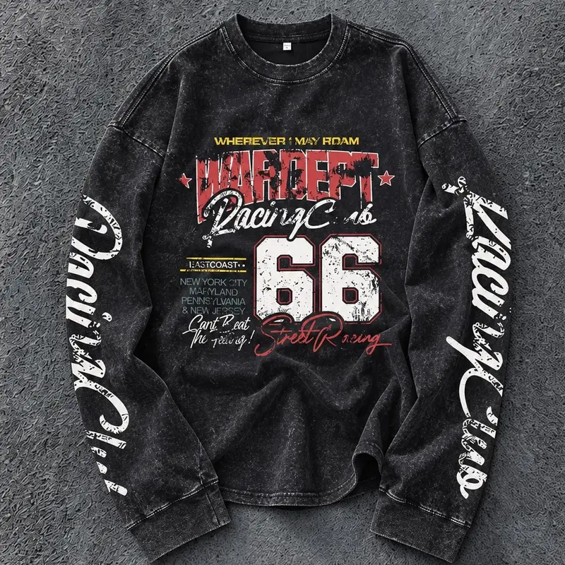 Men's 100% Cotton Washed Vintage Streetwear Round Neck Long Sleeve T-Shirt, Wardept Racing Club 66 Street Race Print, Loose Fit, Casual Spring Fall Top