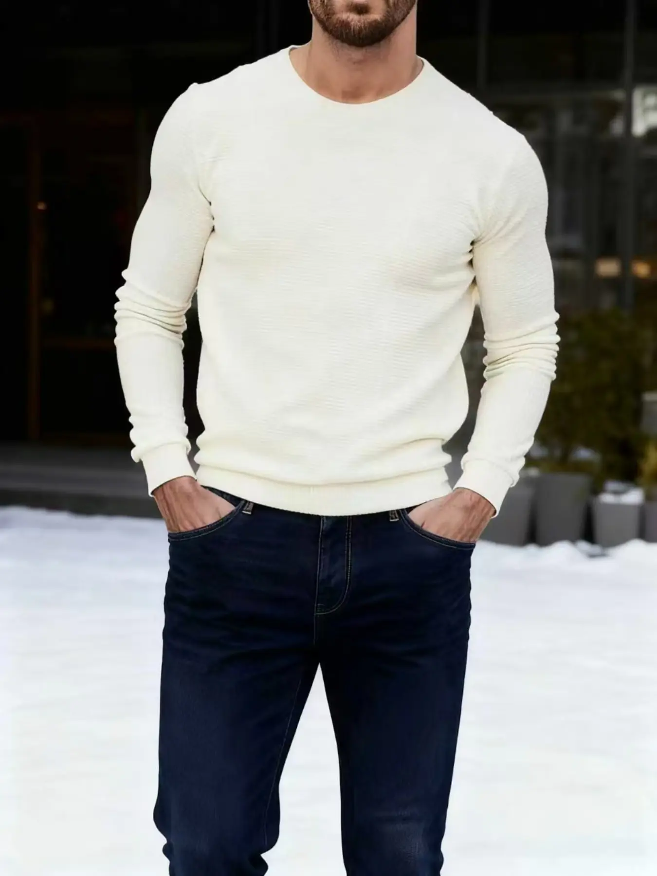 Men's Casual Waffle Knit Long Sleeve Top, Round Neck Plain Texture Warm Shirt, Daily Streetwear for Spring and Autumn