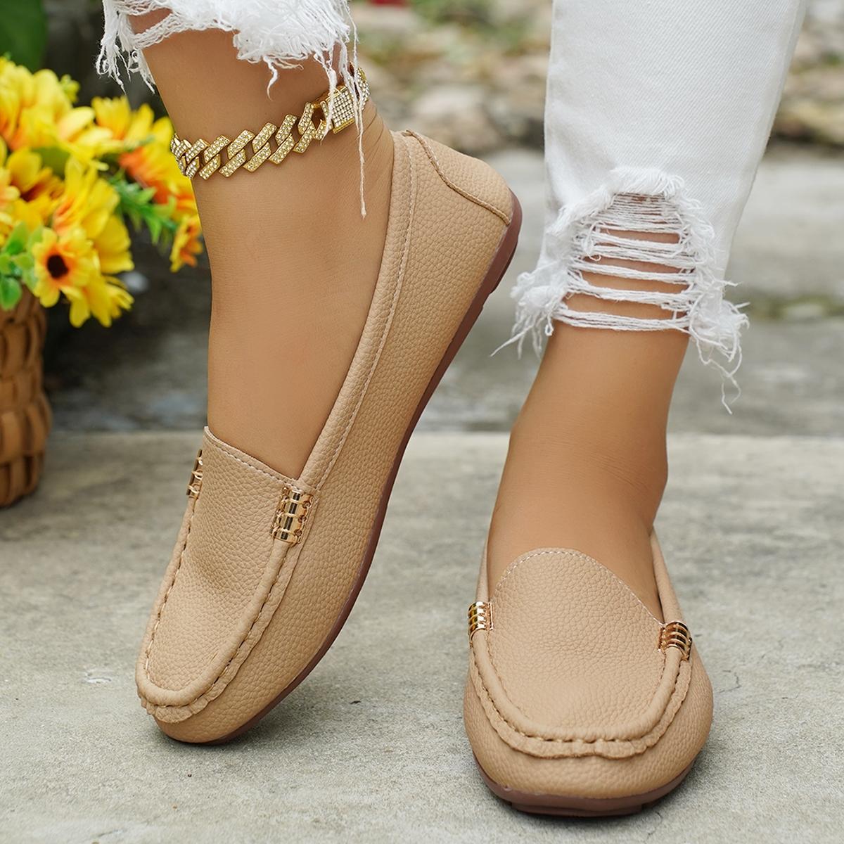 Women's Classic Plain Low Heel Shoes, Fashionable and Sexy, High-End Slant Metal Chain Decoration, Comfortable Casual Loafers, Slip On Shoes