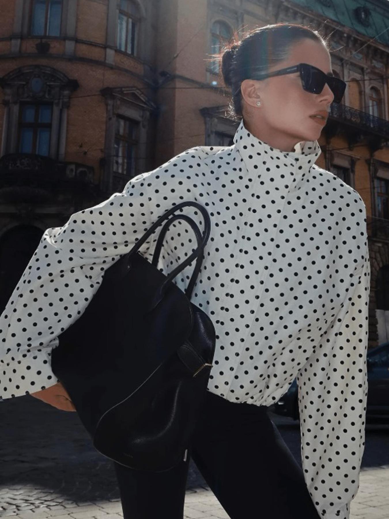 Polka Dot High Neck Women's Spring Jacket Windbreaker Cropped Coat Outdoor Bomber Jackets For Woman Outerwear Streetwear Demi-Season New In Jackets Fashionable Zipper Blue Woman Jackets Polka Dot Casual Jacket Casual Chic Outerwear Womenswear