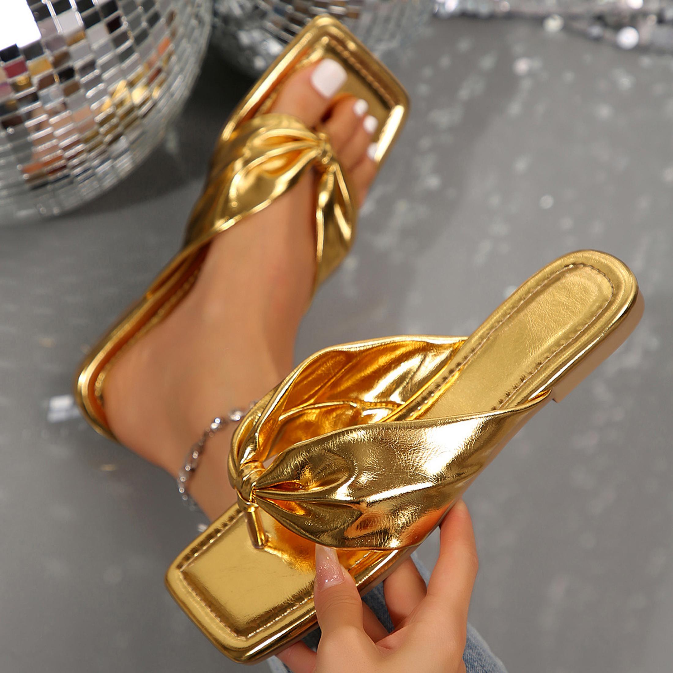 Women's Beach Ruched Strap Flat Sandals Summer Clip Toe Thong Sandals Slip on Square Toe Flip Flops Sandals