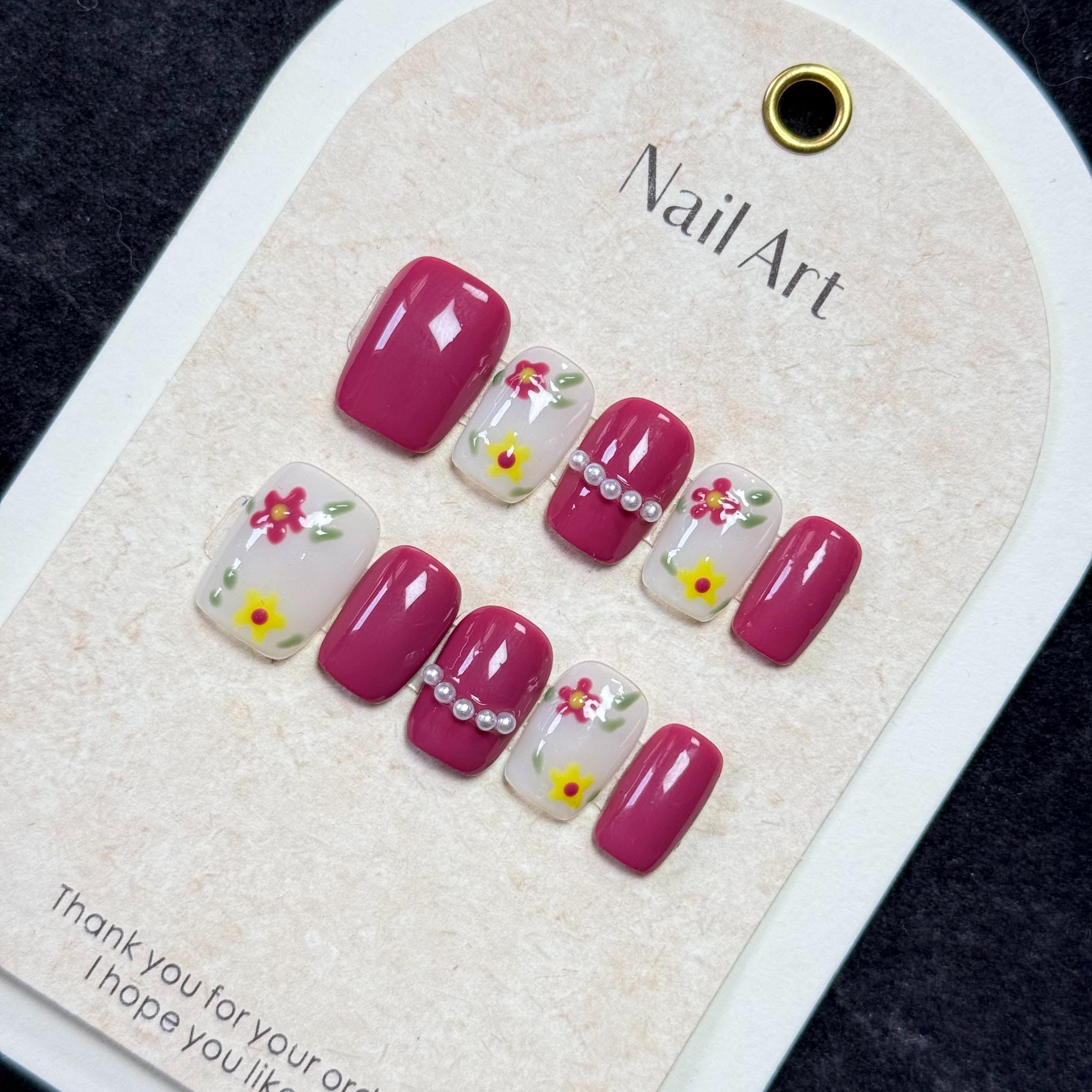 Luxury Nail Freedom! Raspberry Red Exquisite Hand-Painted Flower Press On Fake Nails, Reusable, Get Gentle Fairy Nails In 5 Mins, No Salon Needed