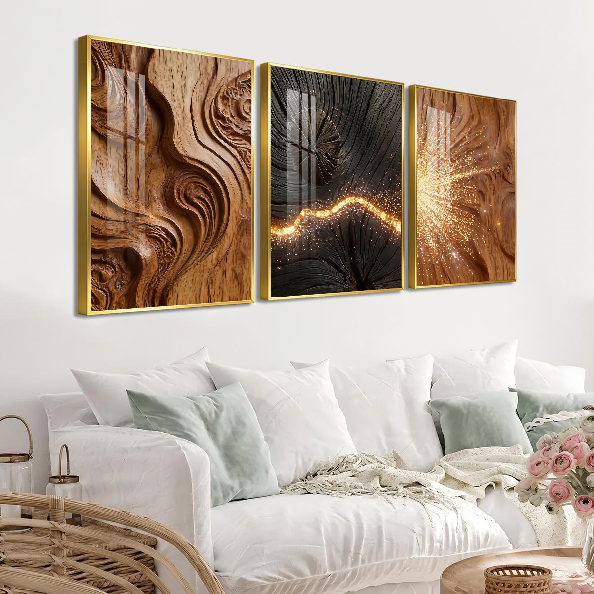 3 Counts Aluminum Alloy Framed Painting, Abstract Wood Texture And Golden Spark Art Pictures, Home Decoration For Living Room, Bedroom, Office, Restaurant, Hallway Wall Decor, Odorless Print Artwork, Luxury Perfect Gift For Friends And Family
