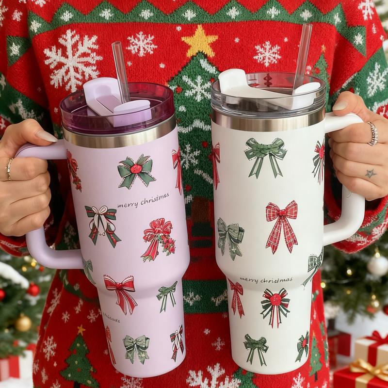 Christmas Bow Element Cup, Large Capacity Car Mug with Handle, Stainless Steel Insulated Travel Cup, Vacuum Insulated Tumbler, Coffee Cup for School Office Outdoor Gym Home