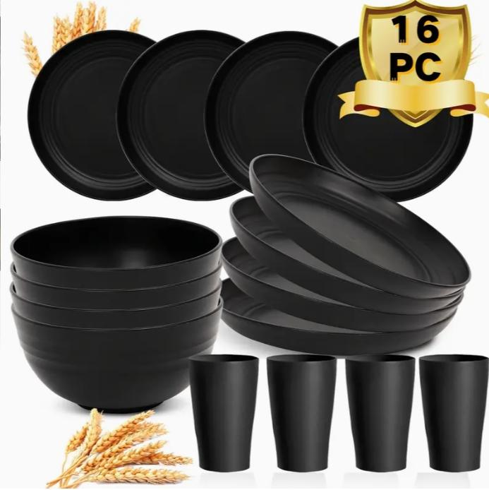 16-Piece Black & White Kitchen Cutlery Set – Large Sturdy Plastic Tableware Including Dinner Plates, Dessert Plates, Cereal Bowls, Cups, Dishwasher & Microwave Safe, Lightweight for Everyday Use and Camping