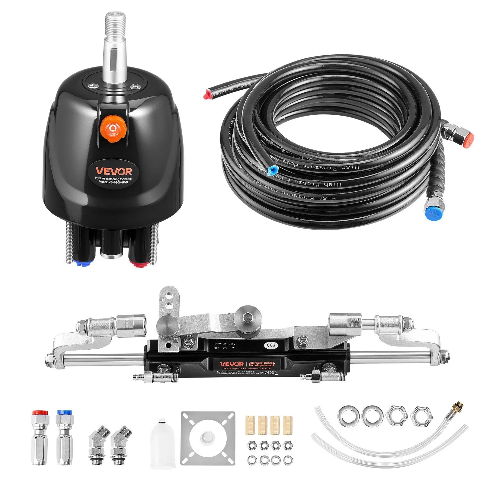 VEVOR Hydraulic Steering Kit, 300 HP, Marine Boat Hydraulic Steering System, with 6.9 MPa/1000 psi Helm Pump, Two-Way Lock Cylinder, and 26ft High-Strength Hoses, for Single Station, Single-Engine Use