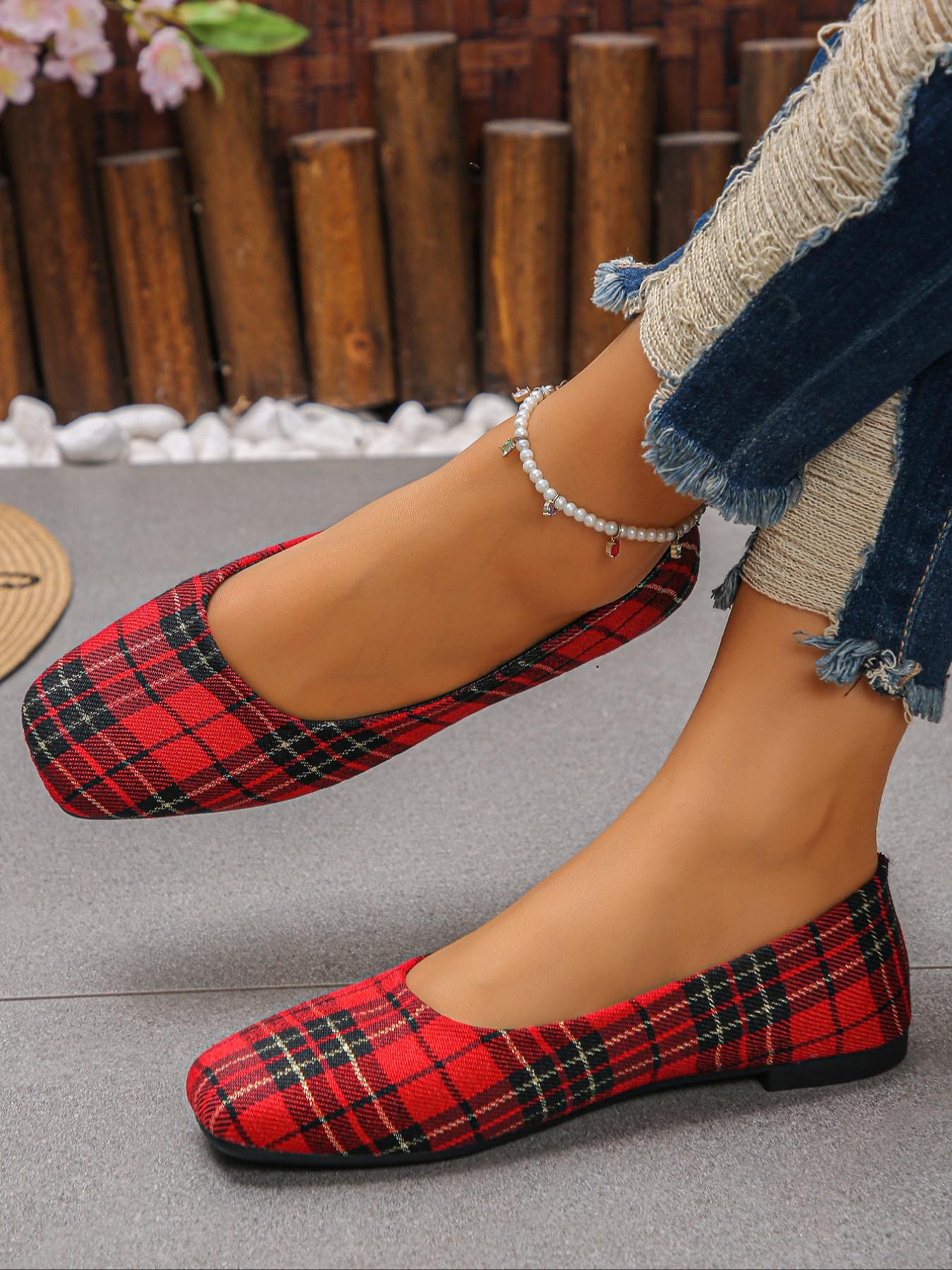Women's Vintage Fashion Plaid Flat Shoes, Square Toe Casual Sneakers for Daily Wear, Perfect for Dresses and Pants, Halloween Choice