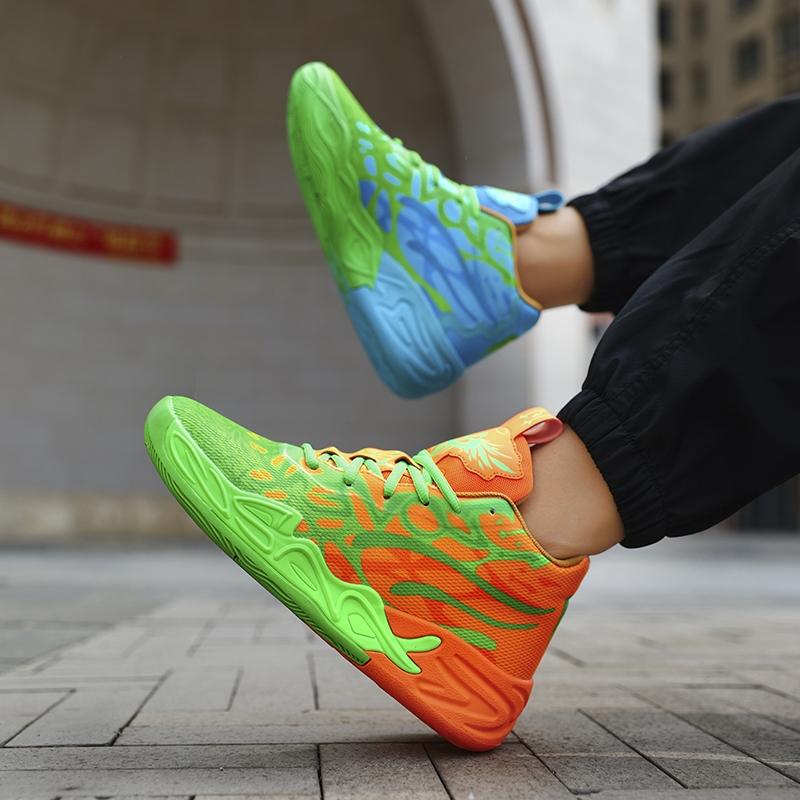 1 Pair Fluorescent Pink Green Graffiti Parent-Child High-Top Basketball Shoes Art Sports Style Breathable Mesh Material Shock Absorption Ankle Protection For Basketball Training And Trendy Daily Outfit