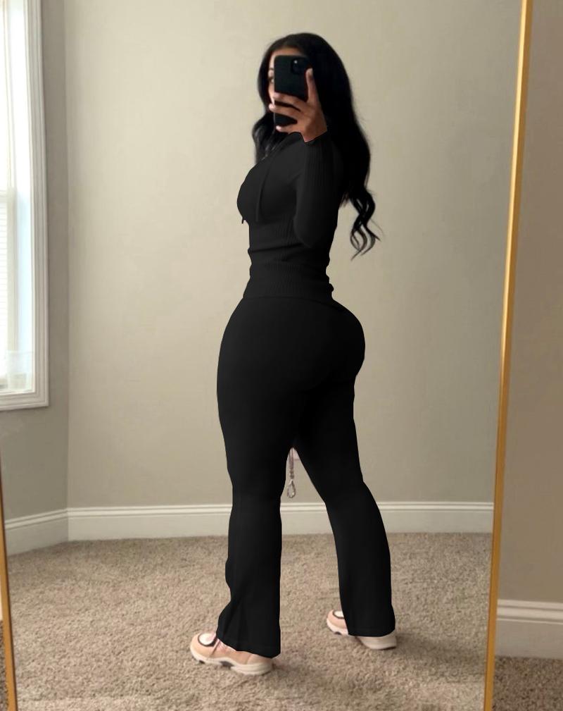 USBoutique Chic 2pcs Sweatsuit for Women-Yellow Zip-Up Hoodie with Pockets & Flare Yoga Pants, Trendy Lounge Set, Casual Fall/Winter Outfit, Athleisure Wear Clothes TopWomenswear