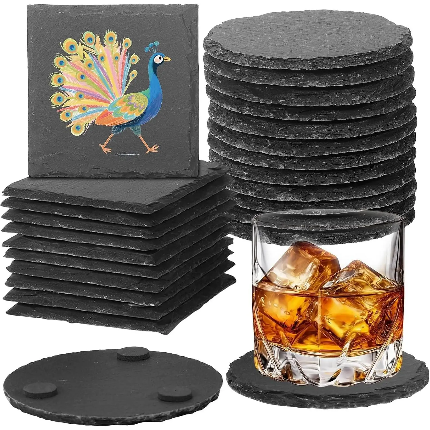 24pcs Slate Coasters 4 Inch Bulk Blank Rock Coasters for Laser Engraving & DIY Painting, Black Scratch Resistant Bottom (12 Square + 12 Round)Gift