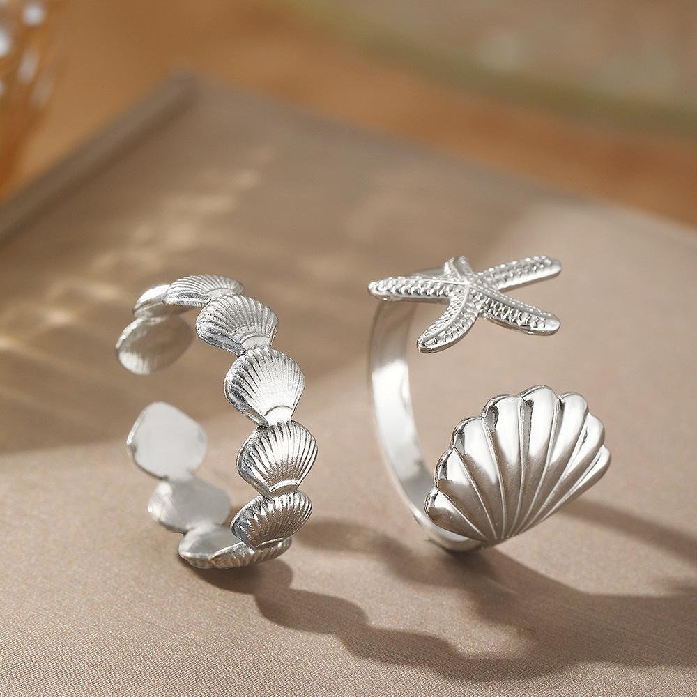 Ocean Element Stainless Steel Jewelry - Fresh Beach Style Shell Sea Star Open Adjustable Ring for Women
