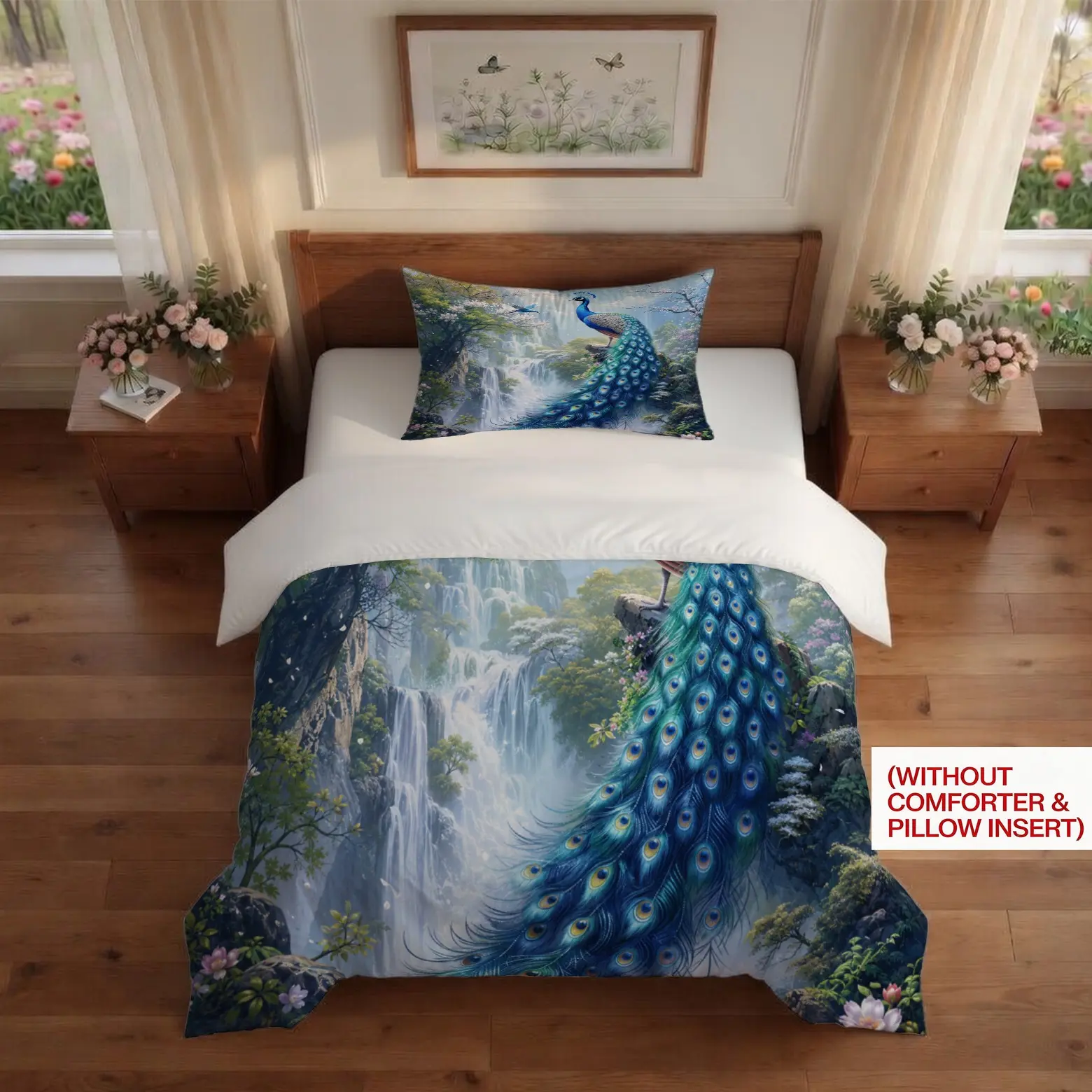 Peacock & Peony Duvet Cover Set, 2/3 Pieces (1 Duvet Cover + 1/2 Pillowcases, No Inserts Included), Vintage Oriental Floral Print, Soft & Breathable Bedding, Suitable for Adults' Bedroom Decor and Home Use for Chinese Style Lovers