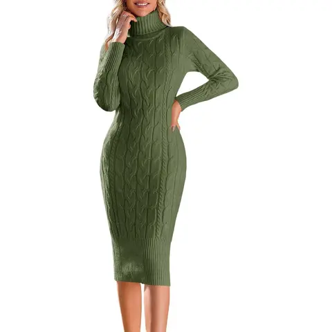 Saodimallsu Women's Basic Long-Sleeve High Neck Fitted Knitted Casual Street Fashion Midi Bodycon Dress - Pull-On Nylon-Acrylic-Polyester Dress for Daily, Holiday Wear