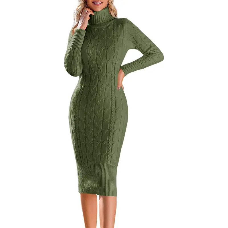 Saodimallsu Women's Basic Long-Sleeve High Neck Fitted Knitted Casual Street Fashion Midi Bodycon Dress - Pull-On Nylon-Acrylic-Polyester Dress for Daily, Holiday Wear