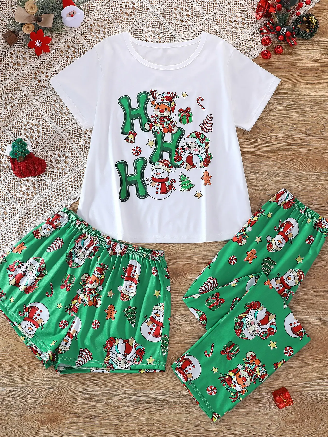 Women's 3-Piece Pajama Set, Short Sleeve, Striped Pattern, Fitted, All Seasons, Comfortable Home Wear, Christmas Party