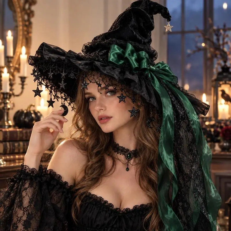 Gothic Witch Hat with Removable Bow & Star, Black Lace Halloween Costume Hat, Dark Academia Women's Accessory for Sports & Outdoor Themed Events