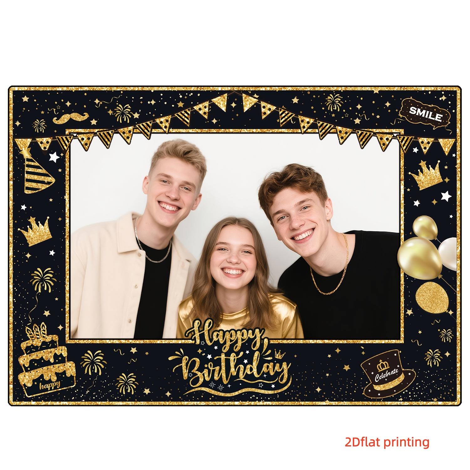 2D Flat 1pc Black Gold Glitter Happy Birthday Cutout Photo Booth Banner, 120x80cm Large Size, Crown Balloon Cake Photography Background, Ideal for Birthday Party, Coming of Age Celebration, Photo Booth Prop