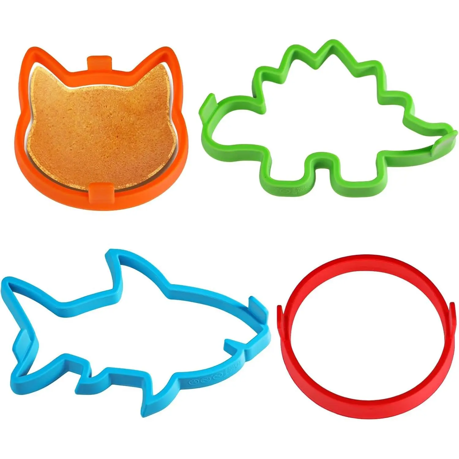 Silicone Pancake Molds for Shark, Round, Cat, Dinosaur Shape Pancakes, 4 Pack Nonstick Pancake Shaper for kids, Fun Shapes Cake Ring Mold for Griddle Cooking