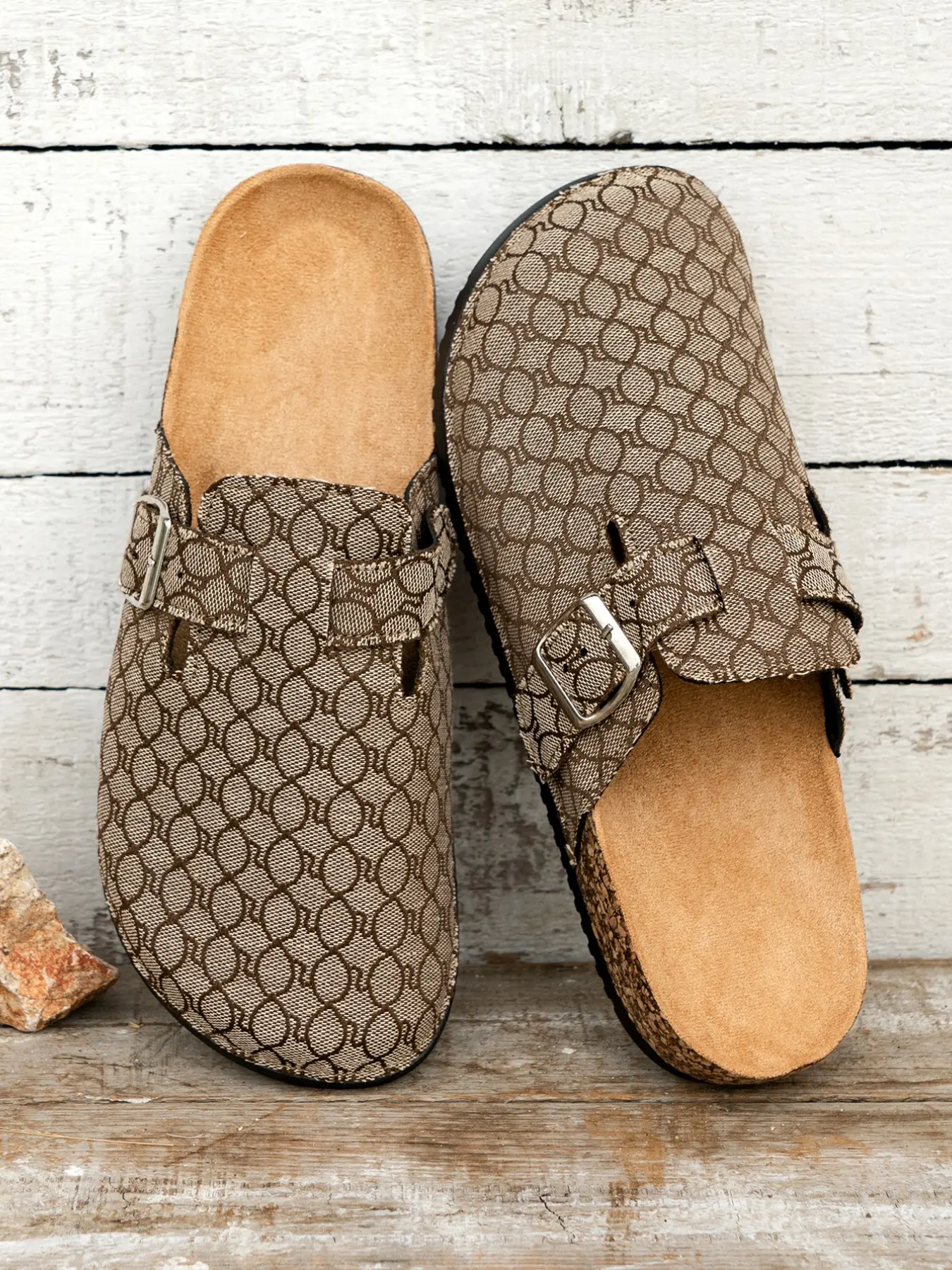 Unisex Vintage Circle Geometric Print Clog Mules, Adjustable Buckle Clogs Backless Cork Footbed Slides, Casual Outdoor Walking Shoes for Men & Women
