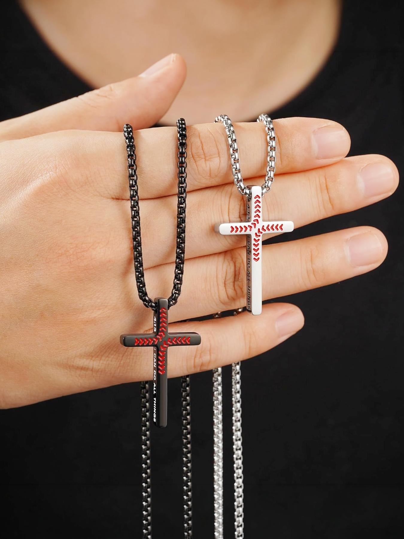 Punk Fashion Cross Necklace 4:13 Bible Verse Cross Pendant Necklace, Black and Silver Necklaces for Boys and Men #Baseball/316L Stainless Steel/Fade-Resistant/Hypoallergenic/Couples/Festivals/Parties/Ideal Gift