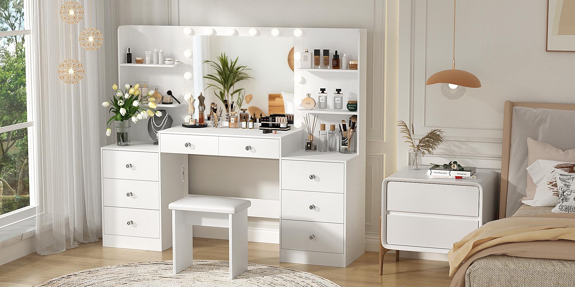 VOWNER Modern Makeup Vanity Desk with Lighted Mirror and Sturdy Stool,Makeup Table Sets with Drawers and Shelves vanity mirror Furniture Bedroom