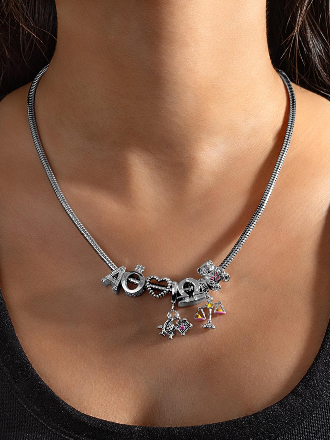 Elegant Bear Zodiac Pendant Necklace Bracelet Set, Zircon Heart Letter Jewelry for Women, Perfect Gift for Holidays Birthdays, Zirconia Jewelry Set