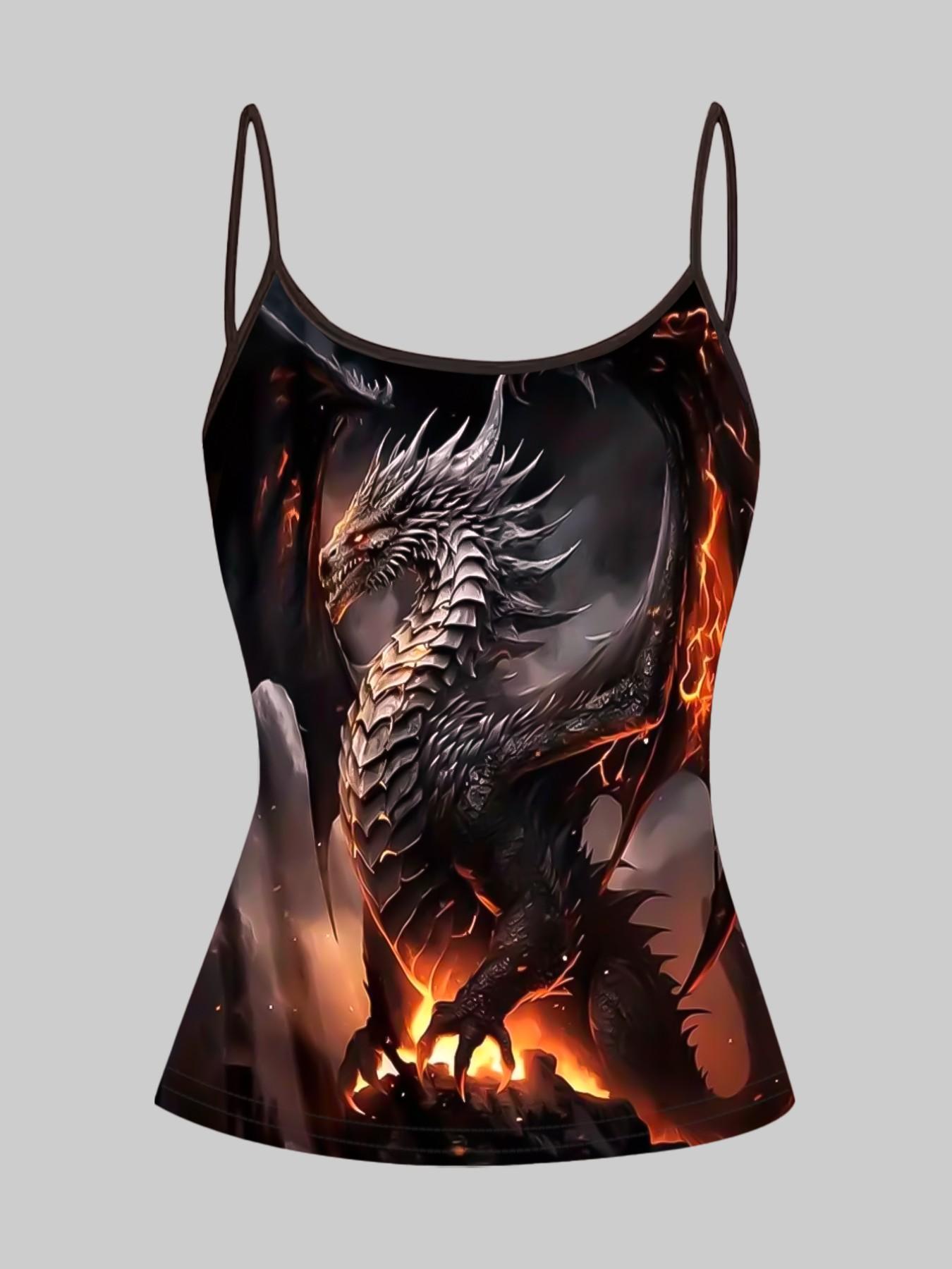 Flame Dragon Print Strap Set, Summer Home Sleepwear, Casual Slim-Fit Top, Sleeveless All-Over Print, Unique Stylish