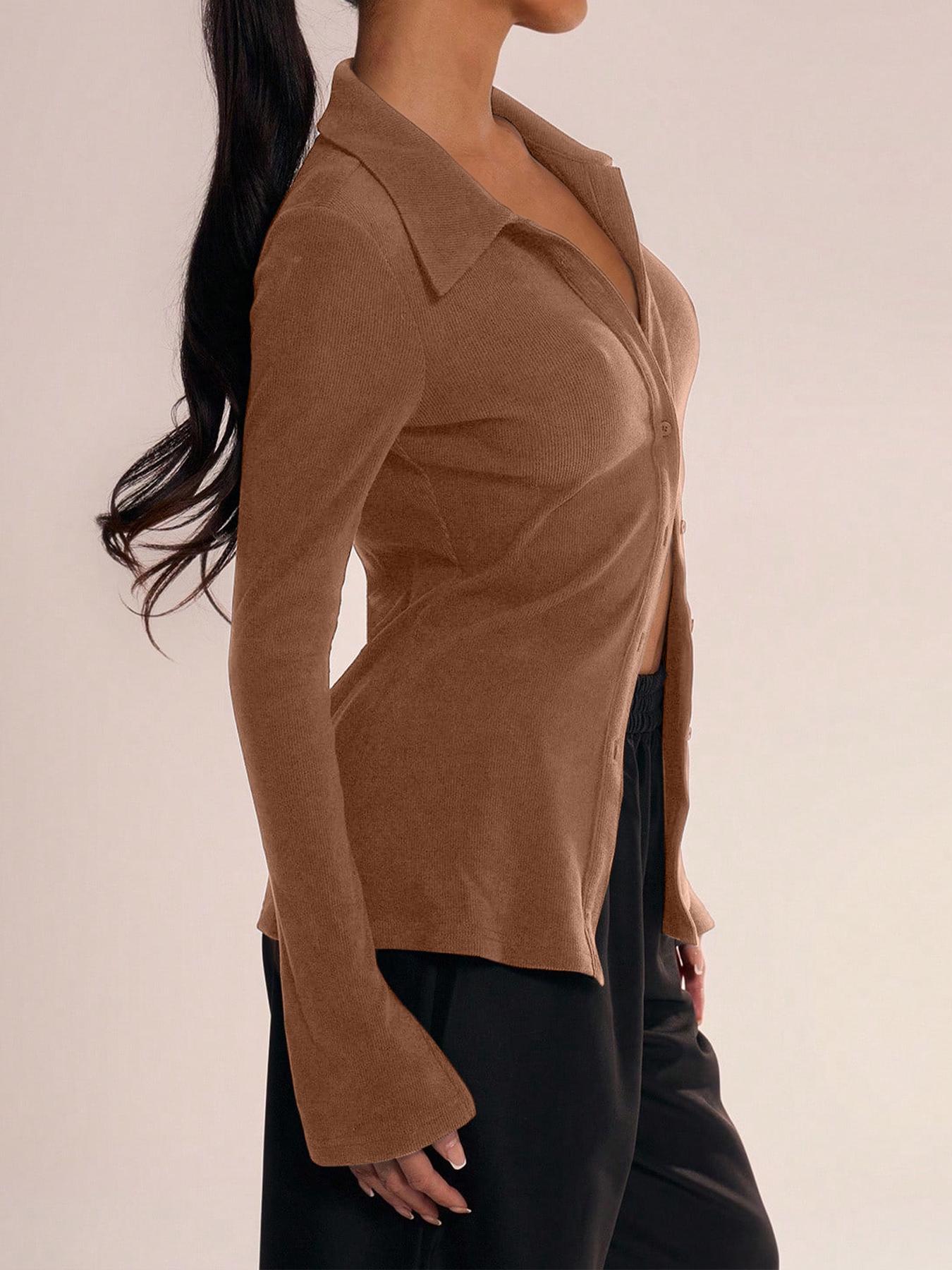 Women's Casual Long Sleeve Shirt Collar Button Design, Fitted Plain Top for All Seasons, Moderate Fabric Knit Women's Clothing, Womenswear