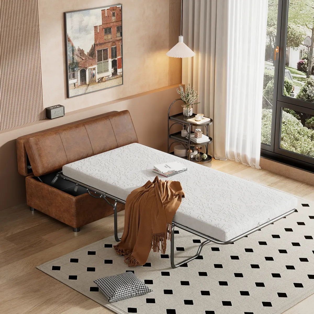 Twin Size Folding Ottoman Sleeper Bed with Mattress, Brown Convertible Pull Out Sofa Bed with High Density Foam and Sturdy Metal Frame, Space Saving Guest Bed for Living Room Apartment Bedroom Office Small Space