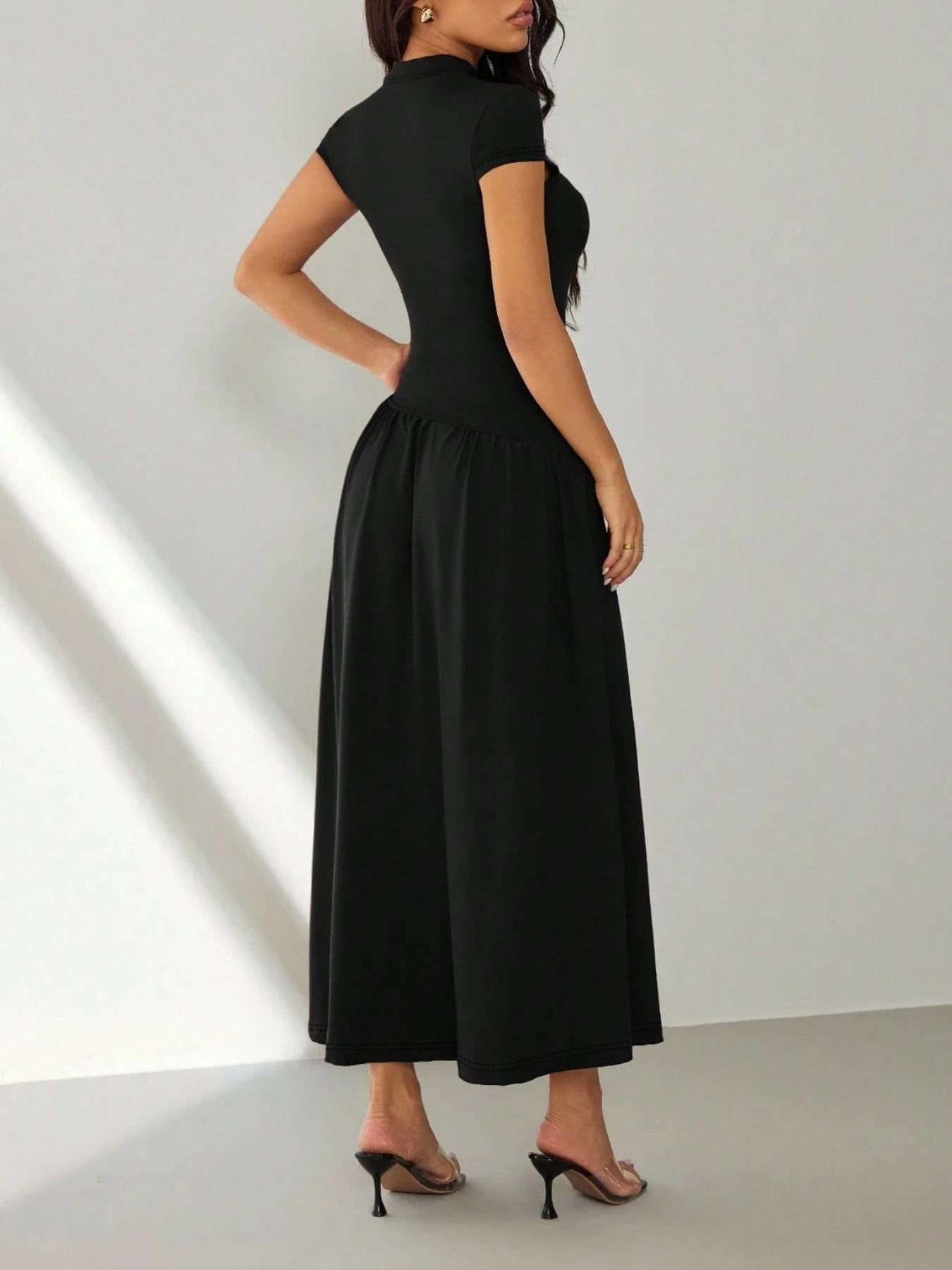 Women's short-sleeved pleated slim-fit solid casual dress, perfect for dates, parties, clubs, and commuting, Womenswear