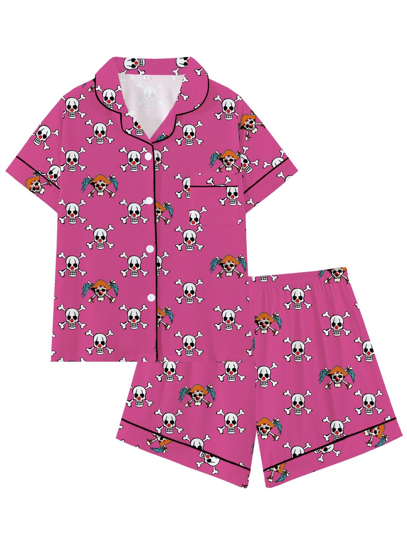 Creepy Cute Skeleton Halloween Pattern Short Sleeve Pajama Set, Spooky Stitched Face Graphic Sleepwear with Black Piping, Goth Style Summer Loungewear Set, Fun 2-Piece PJs