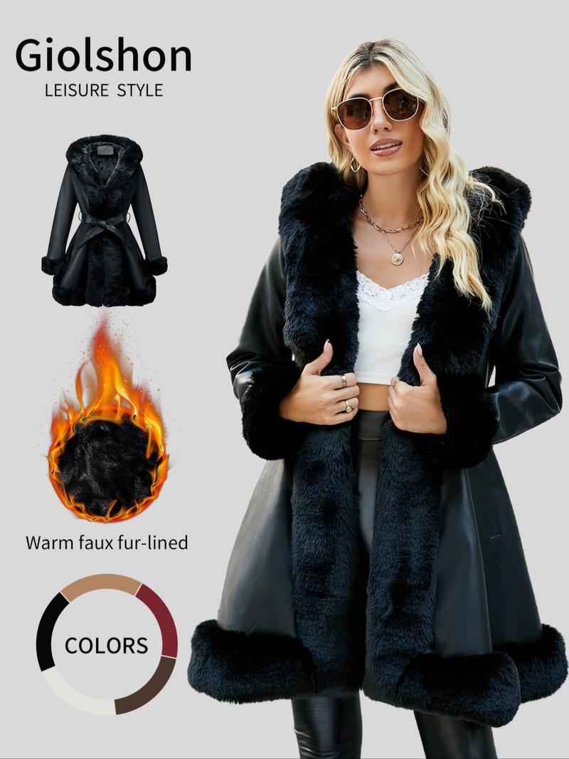 Women's Fall Winter PU Jacket, Long Sleeve Fitted Coat with Hood, Casual Warm Daily Wear, Detachable Belt Included Women's Fall Winter PU Jacket, Long Sleeve Fitted Coat with Hood, Casual Warm Daily Wear, Detachable Belt Included