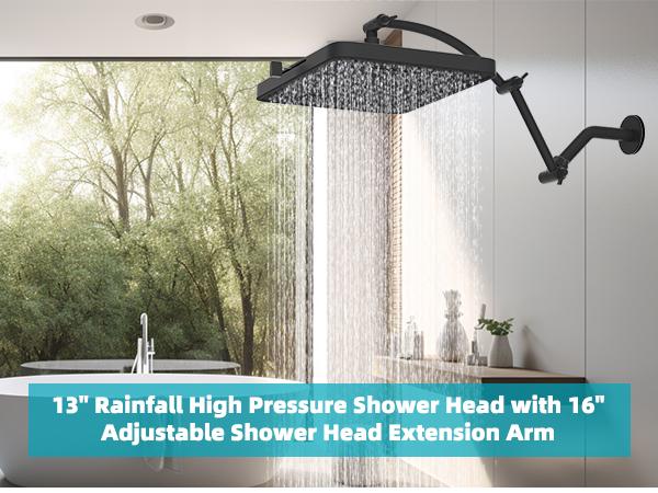 Hibbent Rain Shower Head, 13'' High Pressure Rainfall 5 Spray Mode Showerhead with 16" Shower Head Extension Arm, Solid Brass Adjustable Shower Arm Extender, Waterfall fixed Showerheads, Matte Black