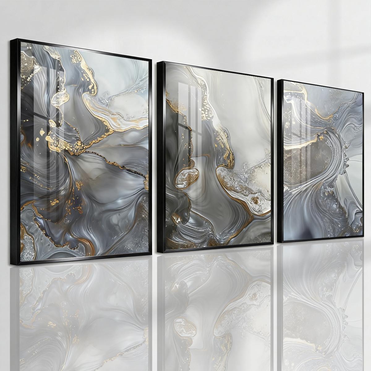 3 Counts Aluminum Alloy Framed Painting, Abstract Gray Gold Fluid Art Pictures, Home Decoration For Living Room, Bedroom, Office, Restaurant, Hallway Wall Decor, Odorless Print Artwork, Luxury Perfect Gift For Friends And Family