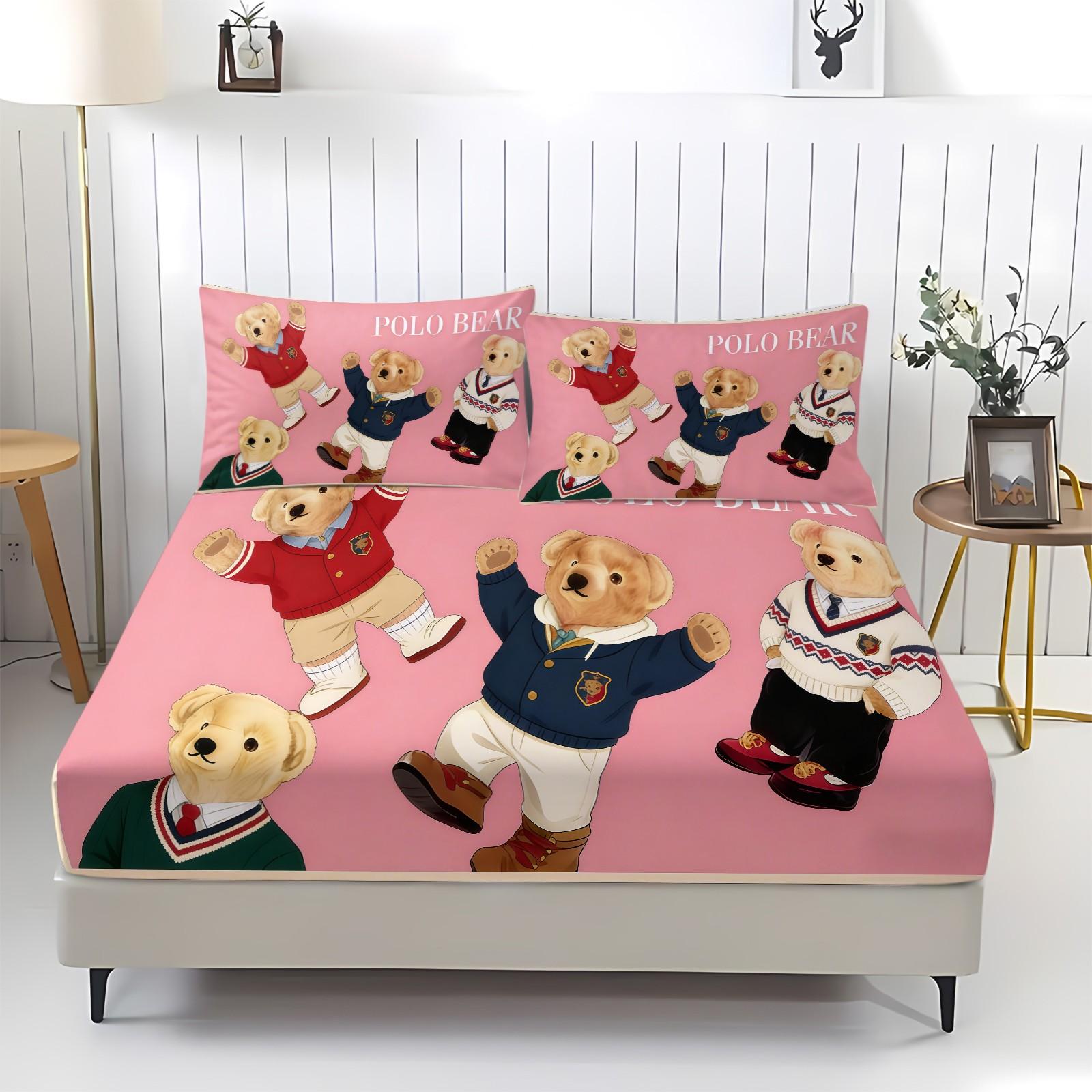 3-Piece Trendy Teddy Bear Patterned Bed Sheet, Soft And Durable Bedding Set Including 1 Bed Sheet And 2 Pillowcases, Suitable For Daily Holiday, Birthday, Gift, Bedroom Decoration For Children And Adults