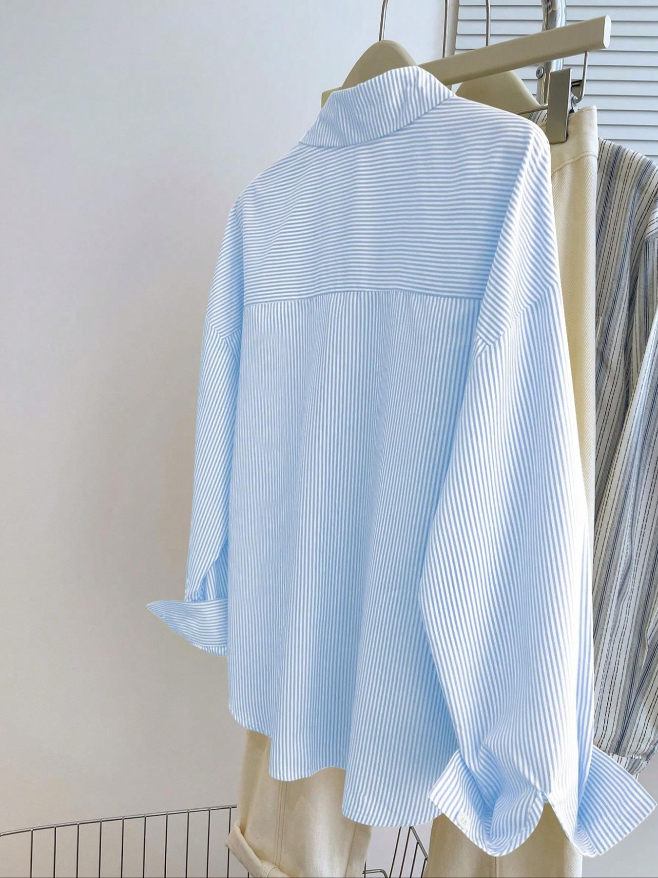 Elegant Women's Blue Striped Shirt, Loose Fit Casual Fashion Top, Versatile Daily Wear for Work & Leisure, Stylish Ladies' Clothing