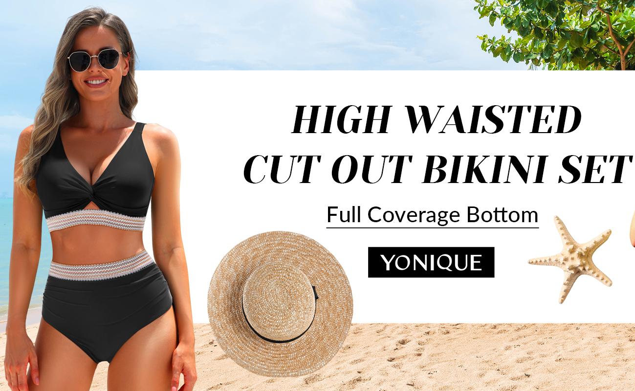 Yonique Women's High Waisted Bikini - Twist Front Two Piece Swimsuit Color Block Full Coverage Bathing Suit